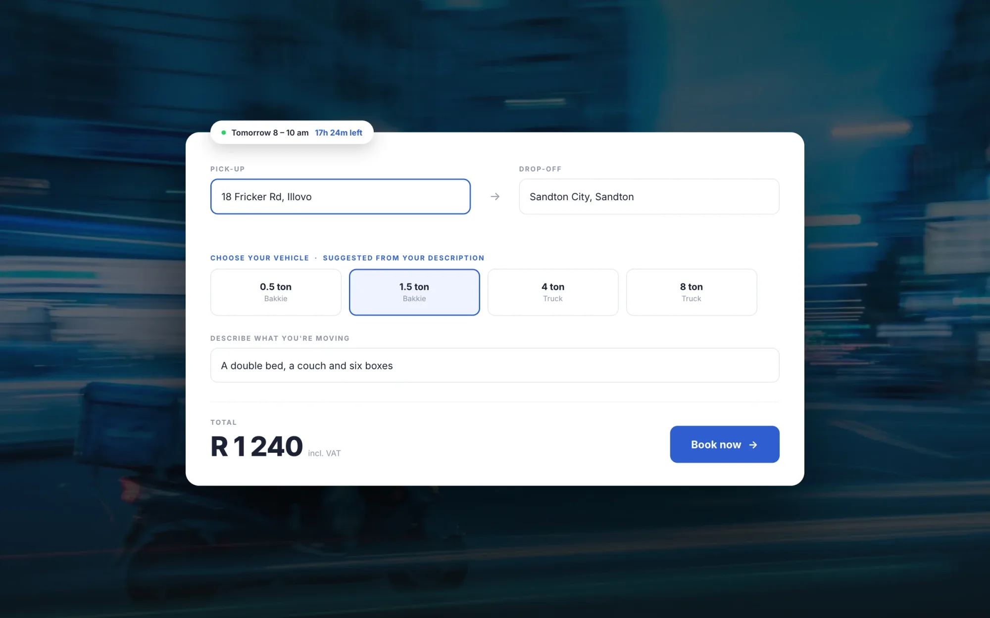 SHIMI’s booking card showing an instant quote, a product we build in partnership